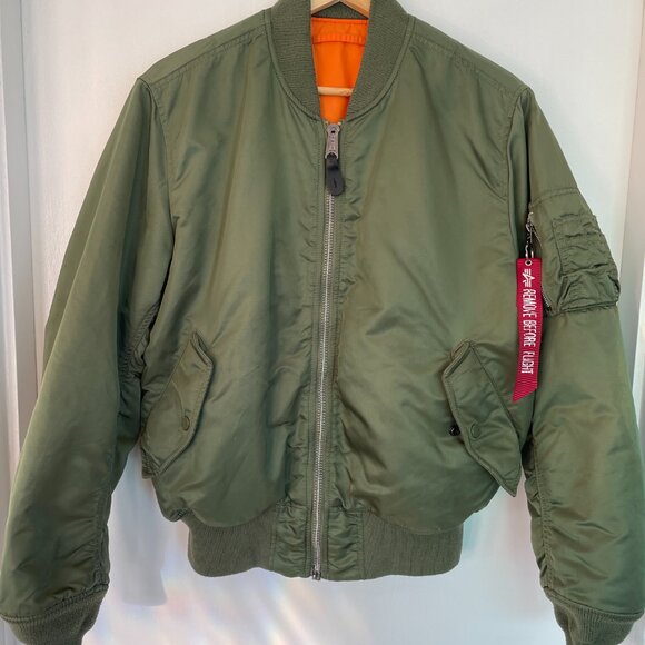 Alpha Industries MA-1 Flight Bomber Jacket - Sage Green/Orange Reversible-Unisex - Picture 8 of 13